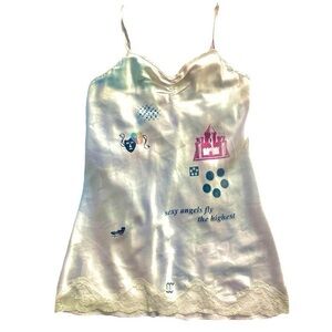 White Satin with Lace Trim Graphic Print Coquette Slip Dress